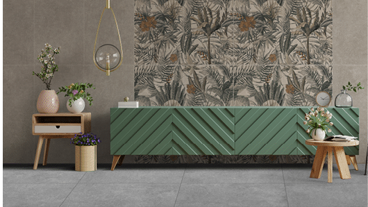 Cabinet TV in modern living room with armchair and plant on concrete wall background,3d rendering