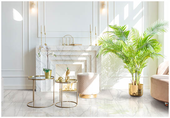 very light and bright interior of luxurious cozy living room with chic soft beige furniture with gold metallic elements, huge window to the floor and wooden parquet